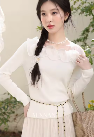 ALXNAN 長袖針織衫，網紗荷葉邊領，優雅女用針織上衣，休閒修身款，無配件，型號 L61315